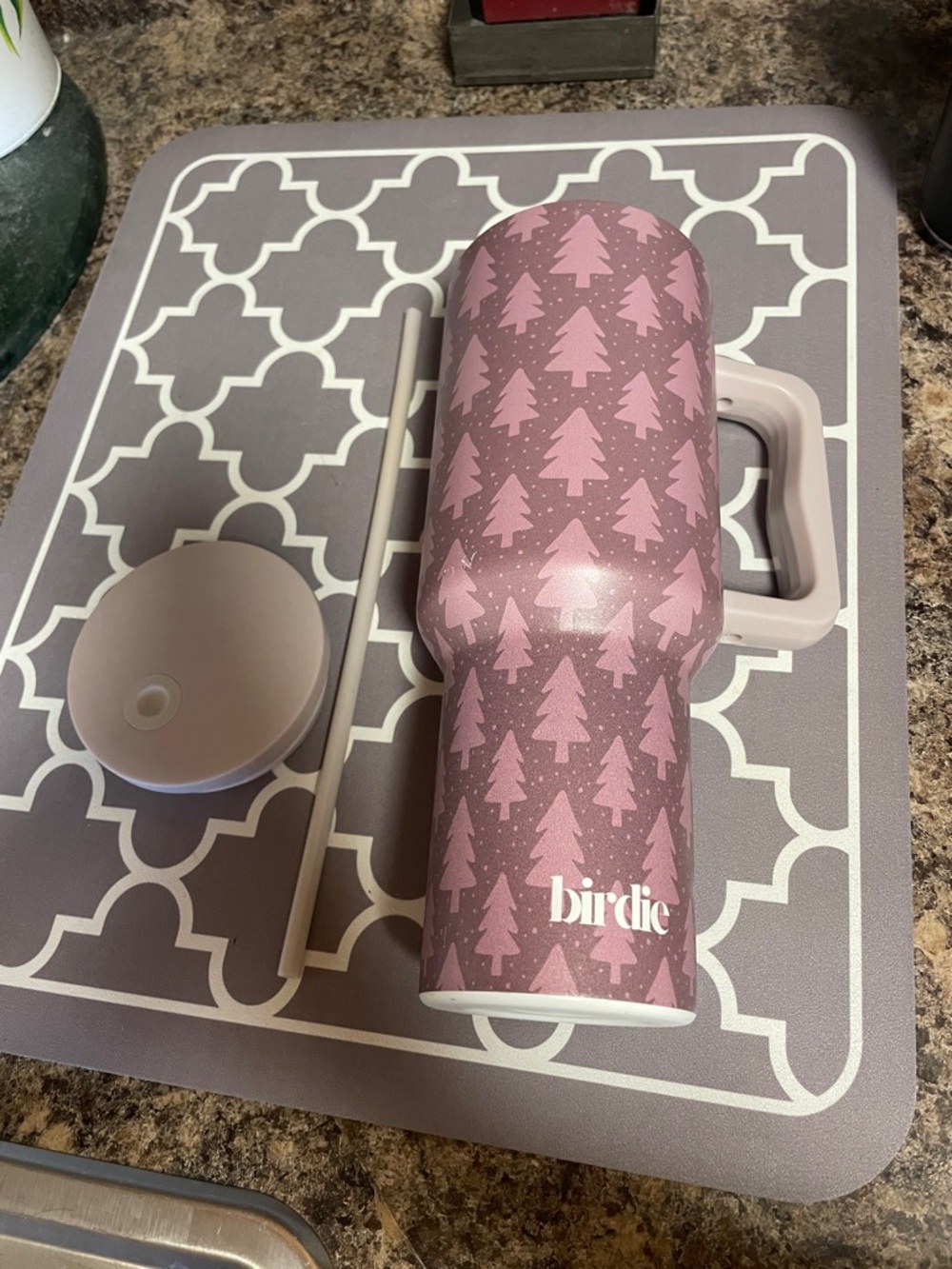 Birdies Pink Tree Pattern Insulated Travel Tumbler with Handle